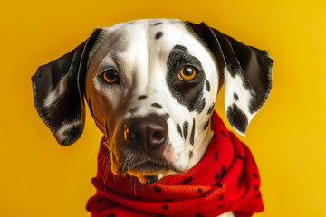 Adorable Dalmatian dog with red scarf in front of yellow background. AI generated illustration.