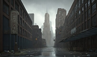  a dark city street with buildings and a traffic light on a rainy day.  generative ai