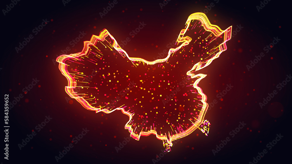 Poster red yellow shiny china map 3d lines effect with square dots particles on dark red glitter dust backg