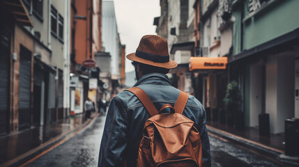 A backpacker travel in the city with generative ai technology