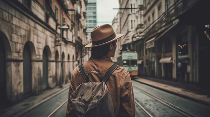 A backpacker travel in the city with generative ai technology