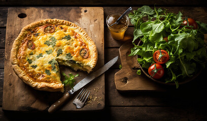  a pizza sitting on top of a wooden cutting board next to a salad.  generative ai