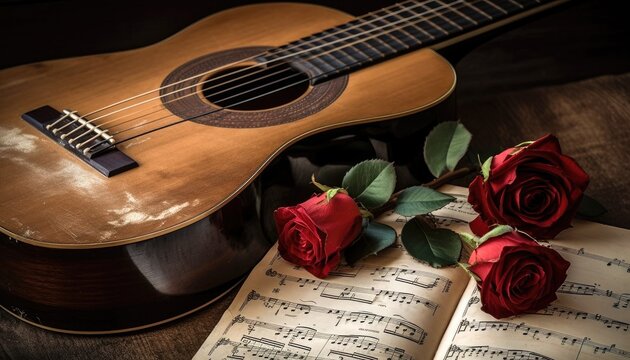 Vintage memories with a classical guitar a red rose and a musical score Generative AI Illustration
