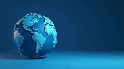 Blue globe, earth map 3D on blue background, business banner. AI generated image.