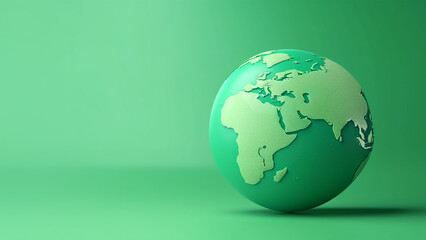 Green globe, earth map 3D on green background, business and ecological banner. AI generated image.