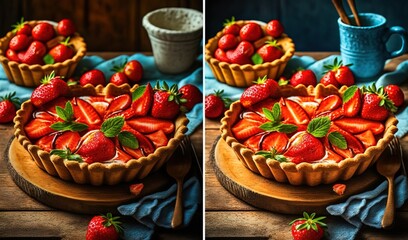  two pictures of a pie with strawberries in it on a table.  generative ai