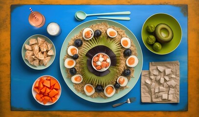  a plate of food on a table with a blue table cloth.  generative ai