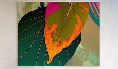  a painting of a large leaf on a white wall with a green and orange background.  generative ai