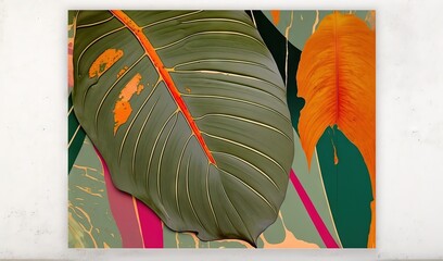  a painting of a large green leaf with orange spots on it.  generative ai