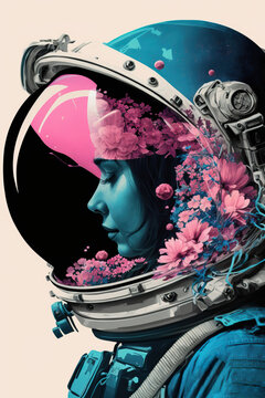 AI generated spacewoman with blossoming pink flowers