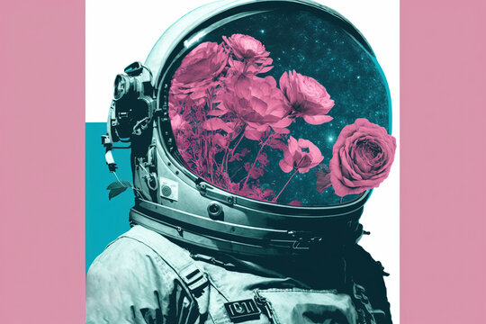 AI generated person in spacesuit with blossoming flowers