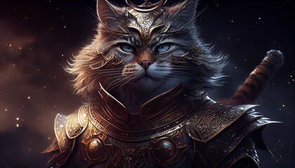 Cat Warrior Animal Knight Paladin AI Generated Magic Brave Animal Head Portrait