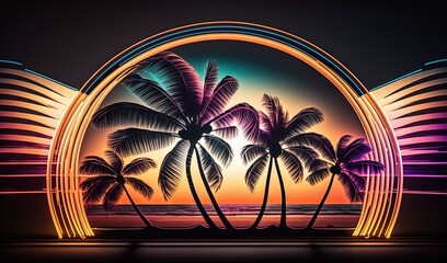 Naklejka premium a painting of a sunset with palm trees in the foreground. generative ai