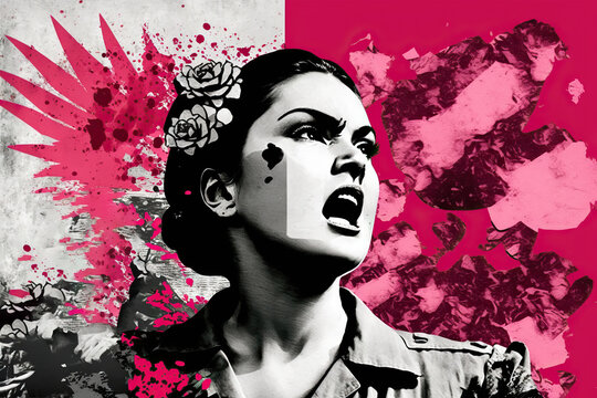Generative AI illustration abstract contemporary art paper collage of aggressive young female with flowers accessory in hair yelling against stains and scratches on gray and pink background