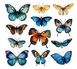 Obraz na płótnie Canvas Realistic illustration of mixed set butterflies on isolated white background created with Generative AI technology