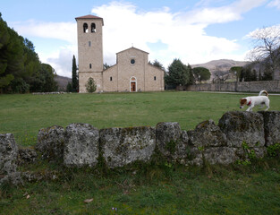 In the foreground a Jack Russell dog in a natural pose and in the background the abbey of San...