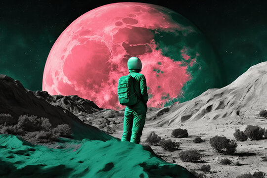 Generative AI illustration back view of cosmonaut in spacesuit sitting on planet near rocky formations against big pink moon