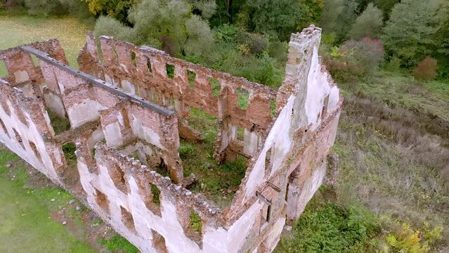 Aerial view of the ruins of Krupe Castle with trees in the background, in Lublin, Poland