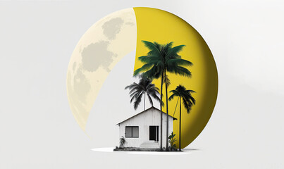 ai generated illustration of wooden malay tropical house with palm tree and scescent