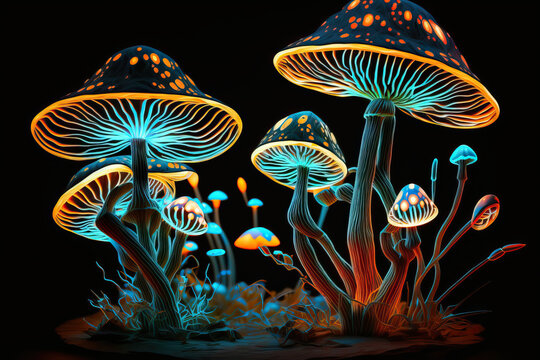 Generative AI illustration of colorful psychedelic fluorescent neon magic mushrooms growing against black background