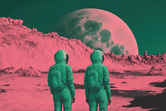 Generative AI illustration back view of cosmonaut couple in spacesuit standing together on pink planet near rocky formations against big green moon