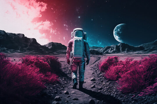 Generative AI illustration full body back view of astronaut in spacesuit walking through dry pink plants on dark planet against crescent moon in night sky with colorful illumination