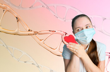 female doctor holds heart model, human dna structure background, research, deoxyribonucleic acid,...