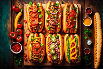 Delicious large set of hotdog with different sauces and seasonings on wooden board, created with generative ai