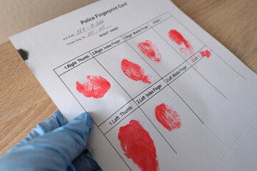 entering into database fingerprints with special paint in police fingerprint card, concept of arresting person suspected of crime, personality identification concept, sweat traces from crime scene