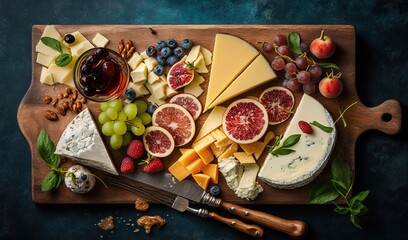  a wooden cutting board topped with cheese, fruit and nuts.  generative ai