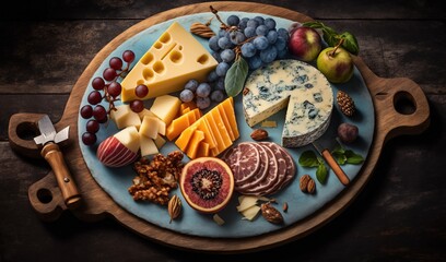 Fototapeta na wymiar a platter of cheese, fruit, nuts, and crackers. generative ai