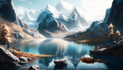 mountain lake surrounded by snow, generative AI