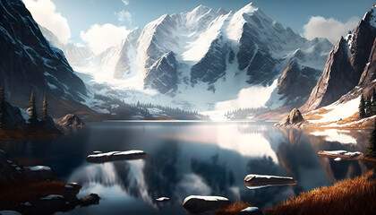 mountain lake surrounded by snow, generative AI