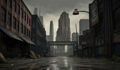  a dark city street with a street light and a bridge.  generative ai