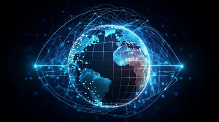 Obraz premium Communication technology global world network concept. Connection lines Around Earth Globe, Motion of digital data flow. Futuristic Technology Theme Background with Light Effect (ai generated) 