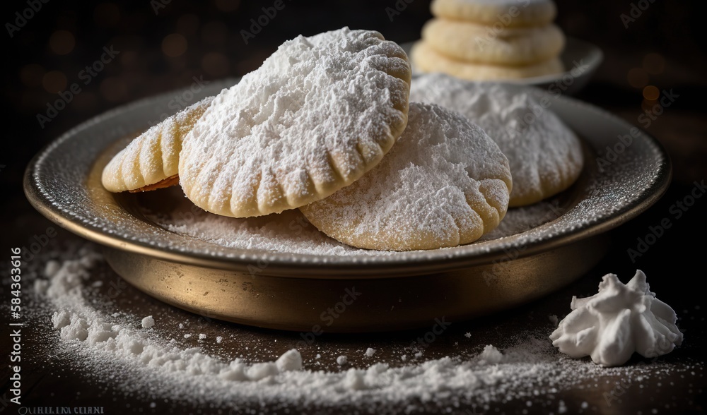 Poster a plate of cookies with powdered sugar on top of it. generative ai