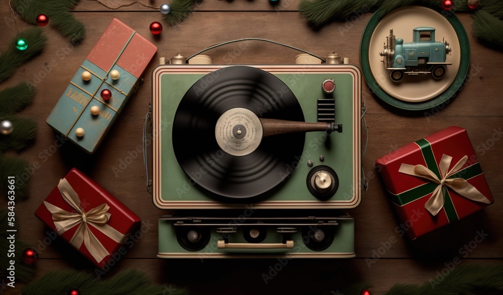 Poster a record player surrounded by christmas presents and a christmas tree. generative ai