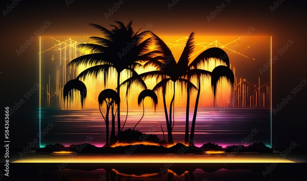 Poster a painting of palm trees in front of a sunset with a neon frame. generative ai