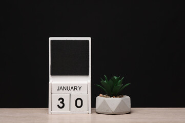 White wooden block monthly calendar with the date january 30 and decorative plant on the table, black blackbackground. Planning