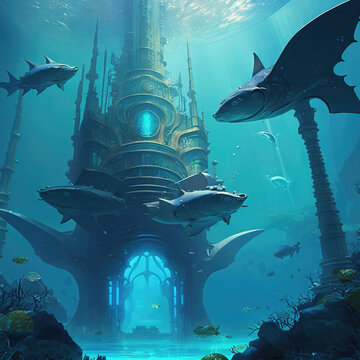 Futuristic Underwater City Submerged in the Depths, Redefining Ocean Living - Atlantis Reimagined - Oceanic Metropolis Pushing the Boundaries of Human Ingenuity - Generative AI