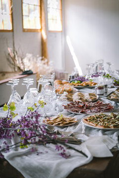 Delicious snacks served on banquet table