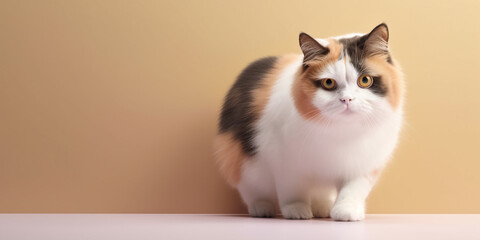 Cute fluffiy calico munchkin cat sitting and looking at camera on beige background with copy space. Generative AI