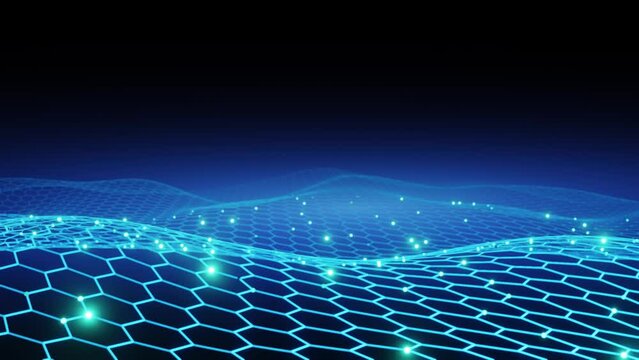 Hexagon wire connection network technology background, landscape futuristic, wave surface motion.