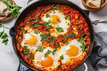 Shakshuka in a Frying Pan. Eggs Poached in Spicy Tomato Pepper Sauce. Ai generated