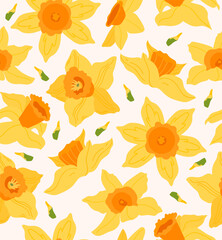 Daffodil narcissus flowers seamless pattern vector. Spring season background for for greeting card, fabric, wallpaper or wrapping paper