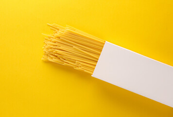 White box mockup of italian pasta on yellow background. Template for design