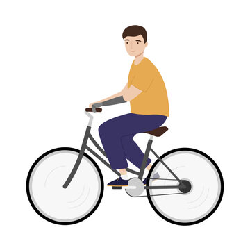 Young man with a prosthetic arm riding a bicycle. Handicapped person