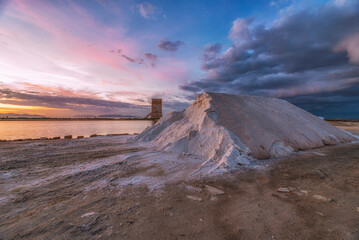 Sunset over the heaps of salt, city of Trapani IT