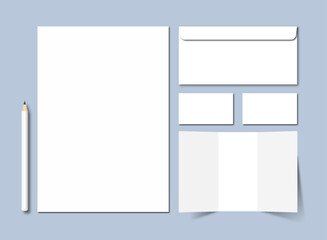 Corporate branding stationery mock-up design for A4 letter, visiting card, and envelope. 3D illustrating.