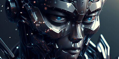 Portrait of humanoid robot. Metallic android face. Synthetic life. Generative AI
